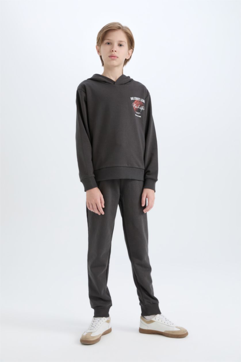 Erkek Çocuk - Genç Erkek Antrasit Erkek Çocuk 2'li Takım Kapüşonlu Baskılı Sweatshirt Beli Lastikli Eşofman Altı