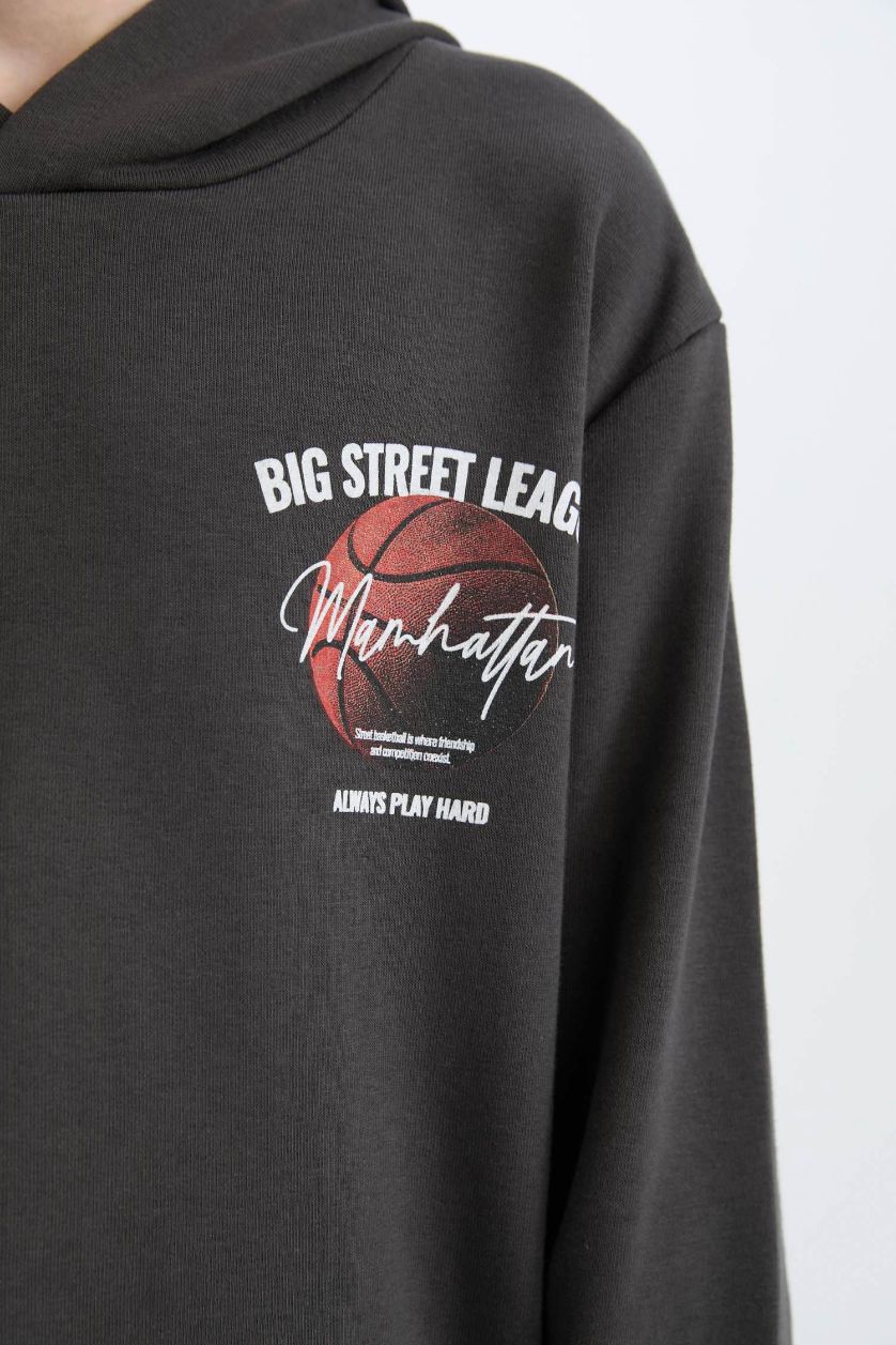 Erkek Çocuk - Genç Erkek Antrasit Erkek Çocuk 2'li Takım Kapüşonlu Baskılı Sweatshirt Beli Lastikli Eşofman Altı