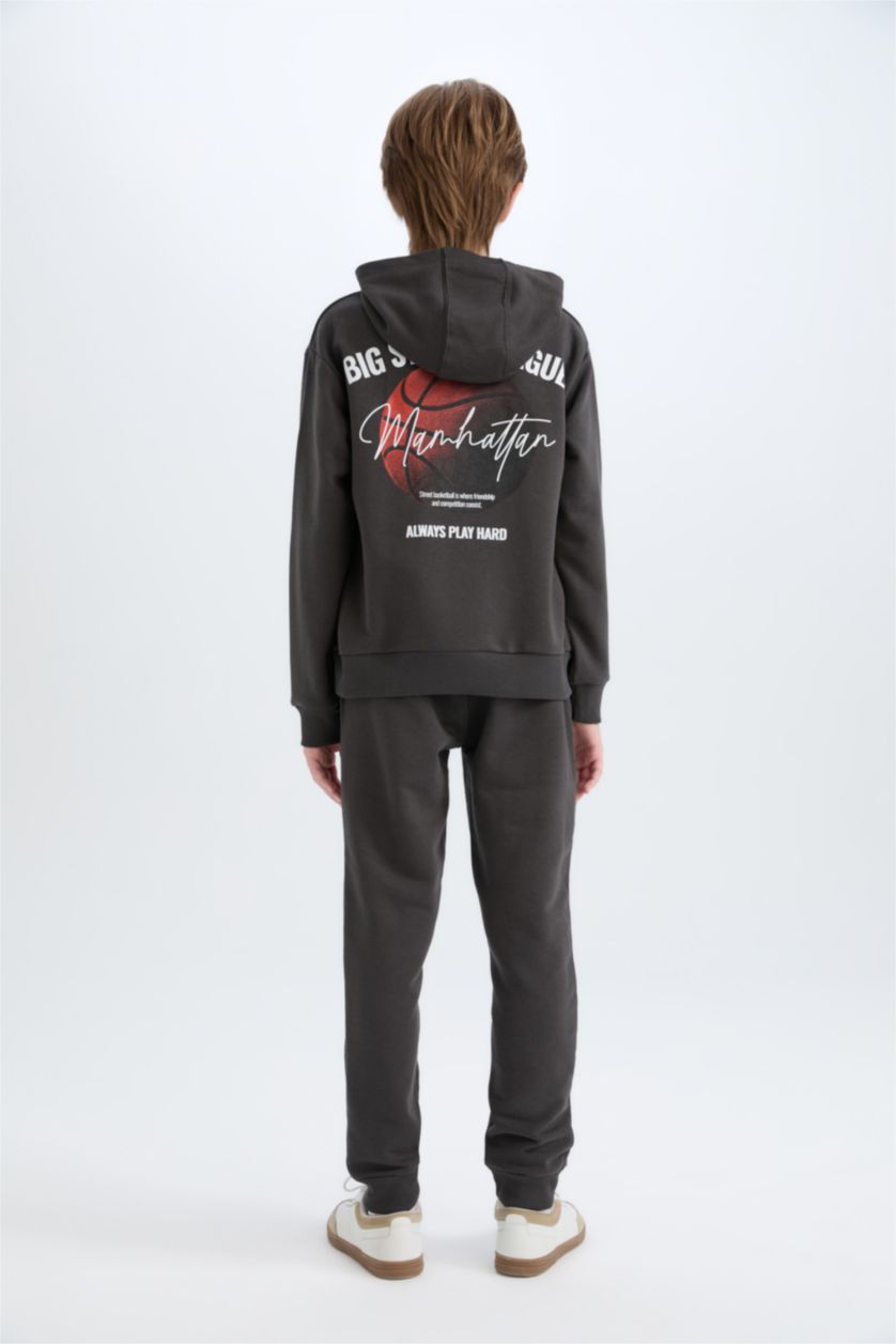 Erkek Çocuk - Genç Erkek Antrasit Erkek Çocuk 2'li Takım Kapüşonlu Baskılı Sweatshirt Beli Lastikli Eşofman Altı