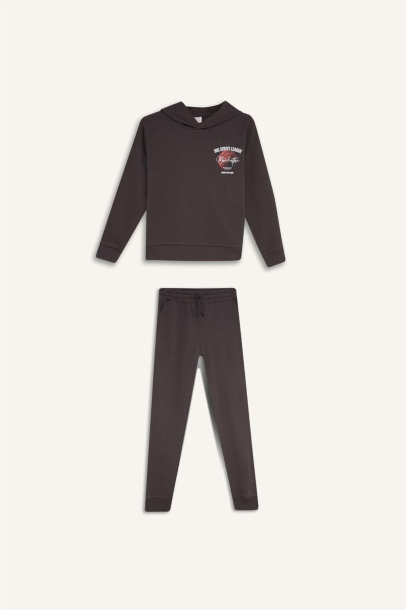 Erkek Çocuk - Genç Erkek Antrasit Erkek Çocuk 2'li Takım Kapüşonlu Baskılı Sweatshirt Beli Lastikli Eşofman Altı