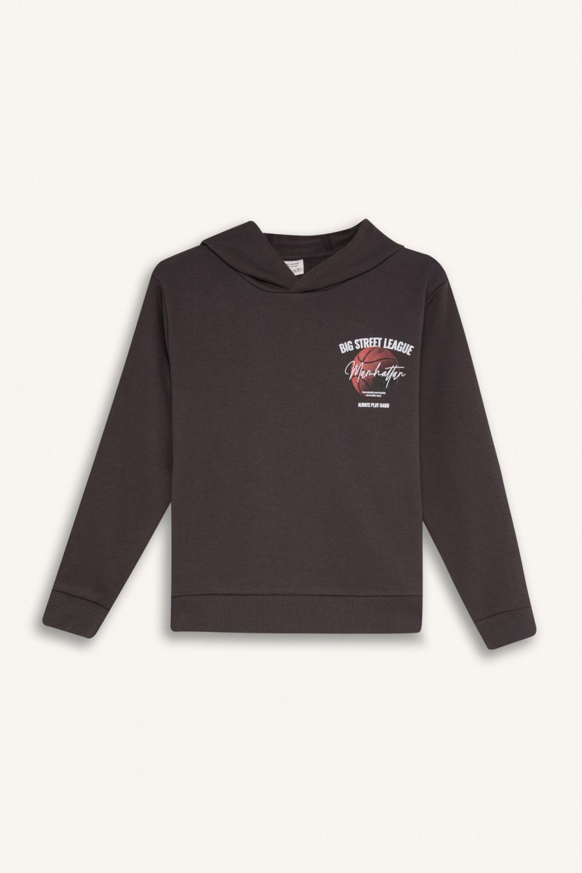 Erkek Çocuk - Genç Erkek Antrasit Erkek Çocuk 2'li Takım Kapüşonlu Baskılı Sweatshirt Beli Lastikli Eşofman Altı