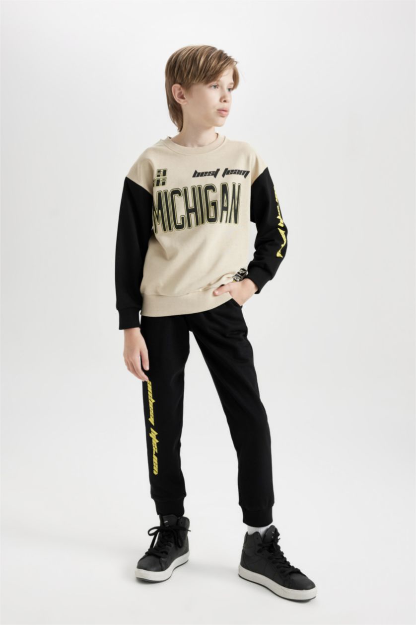 Erkek Çocuk - Genç Erkek Bej Erkek Çocuk 2'li Takım Baskılı Sweatshirt Beli Lastikli Jogger Eşofman Altı