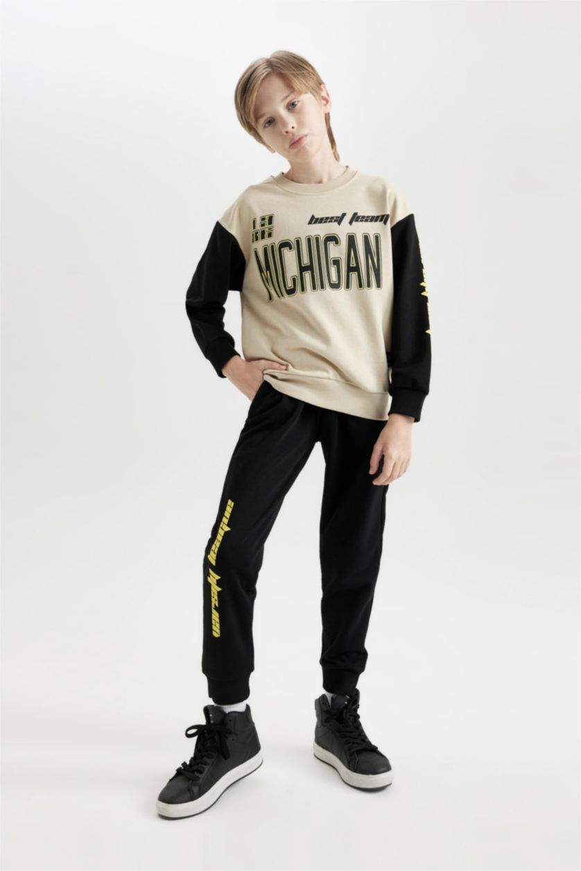 Erkek Çocuk - Genç Erkek Bej Erkek Çocuk 2'li Takım Baskılı Sweatshirt Beli Lastikli Jogger Eşofman Altı