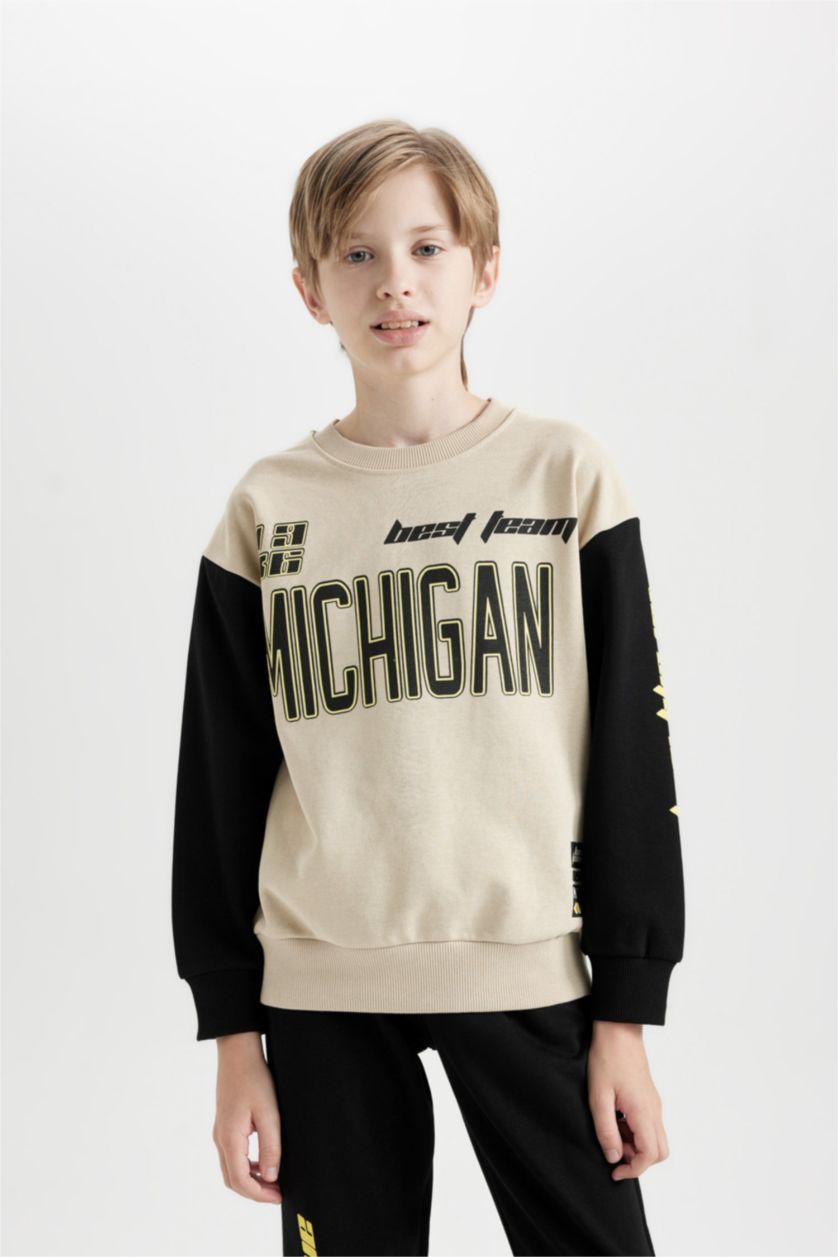 Erkek Çocuk - Genç Erkek Bej Erkek Çocuk 2'li Takım Baskılı Sweatshirt Beli Lastikli Jogger Eşofman Altı