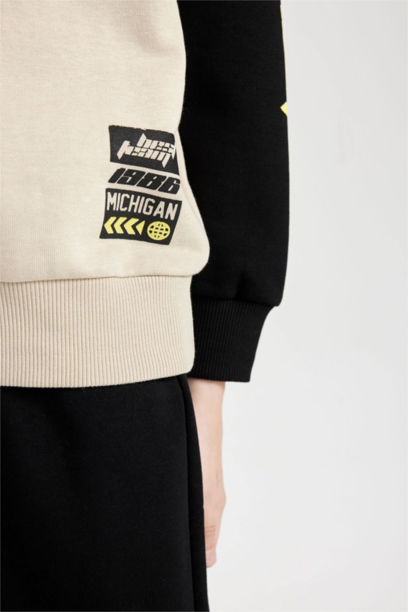 Erkek Çocuk - Genç Erkek Bej Erkek Çocuk 2'li Takım Baskılı Sweatshirt Beli Lastikli Jogger Eşofman Altı