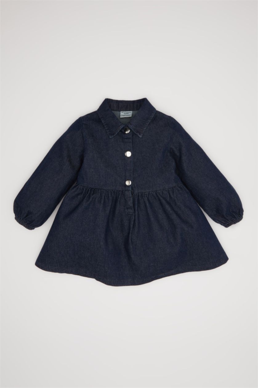 طفلة صغيرة أزرق غامق فستان جينز كم طويل قصة عادية للبيبي بنت