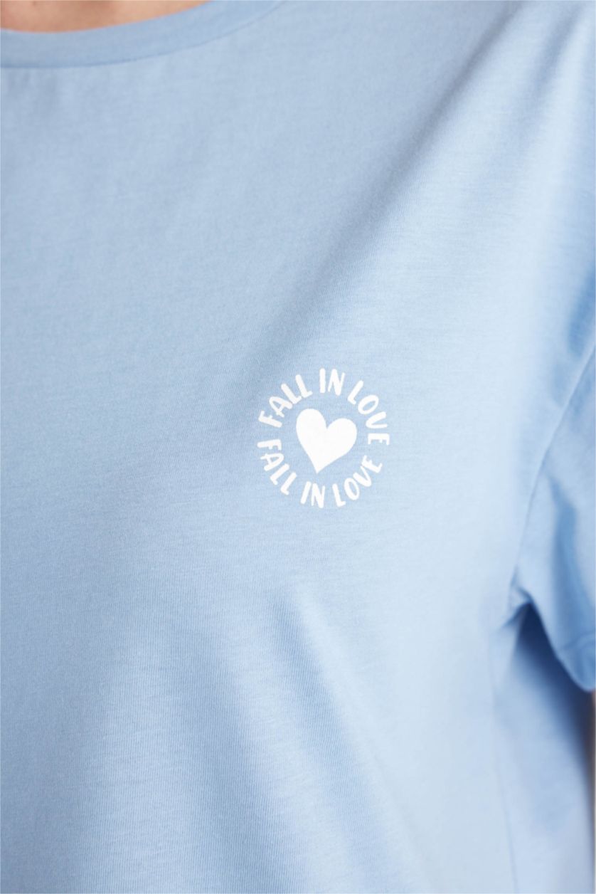 Kadın Ekru Pijama Takımı Bisiklet Yaka Baskılı Kısa Kollu Üst Beli Lastikli Kapri Alt