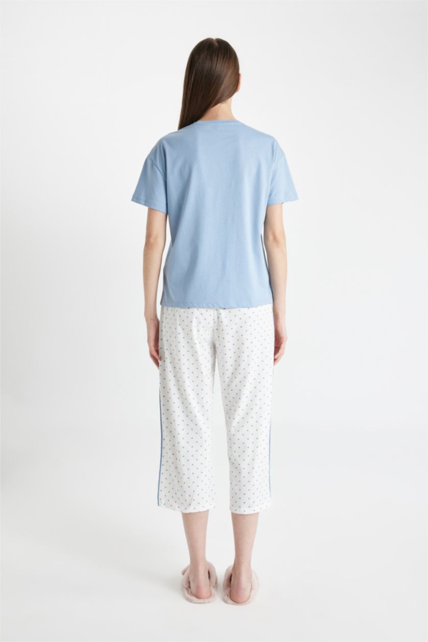 Kadın Ekru Pijama Takımı Bisiklet Yaka Baskılı Kısa Kollu Üst Beli Lastikli Kapri Alt