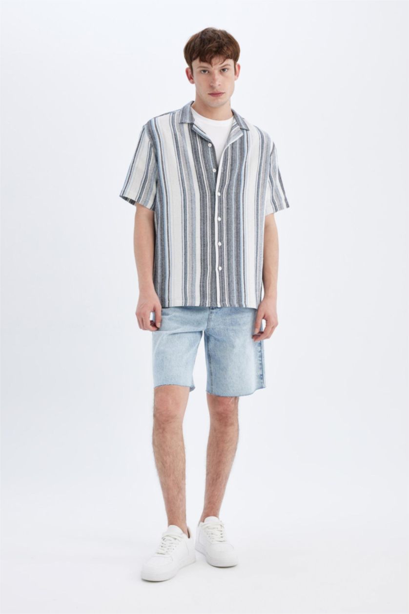 Man NAVY Regular Fit Resort Collar Striped Short Sleeve Shirt