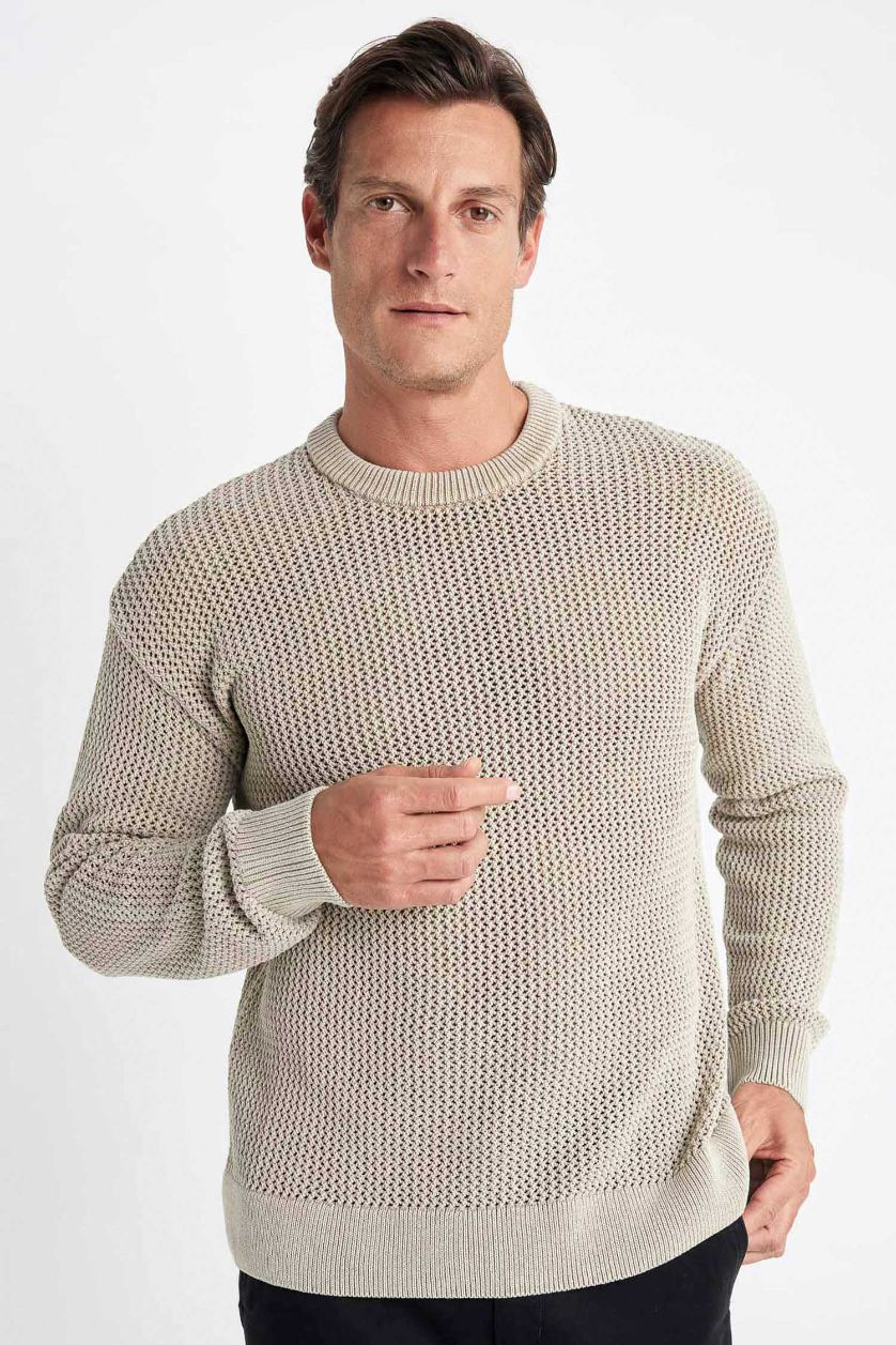 MAN Beige Relax Fit Crew Neck Textured Knitted Pullover