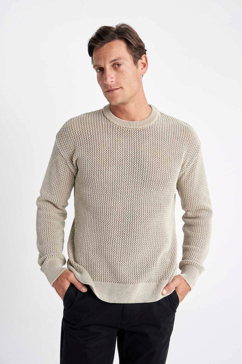 MAN Beige Relax Fit Crew Neck Textured Knitted Pullover