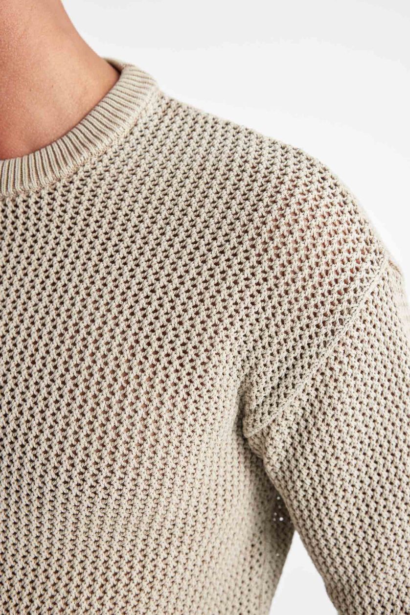 MAN Beige Relax Fit Crew Neck Textured Knitted Pullover