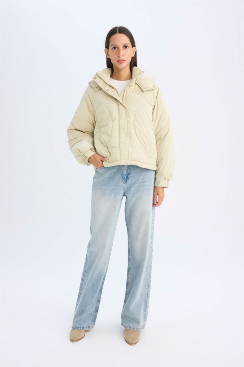 Kadın Mint Su Geçirmez Kapüşonlu Kapitoneli Cepli Fermuarlı Mont