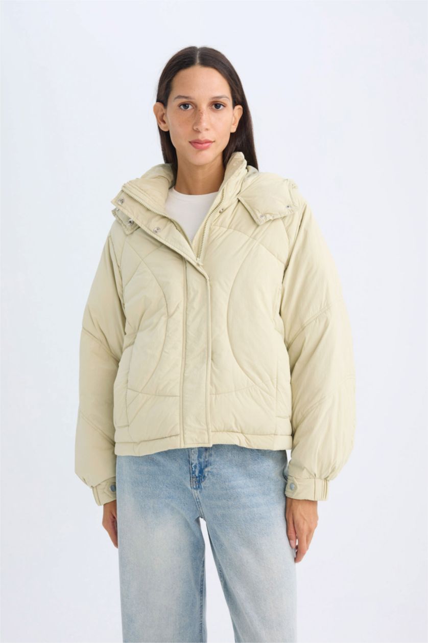 Kadın Mint Su Geçirmez Kapüşonlu Kapitoneli Cepli Fermuarlı Mont