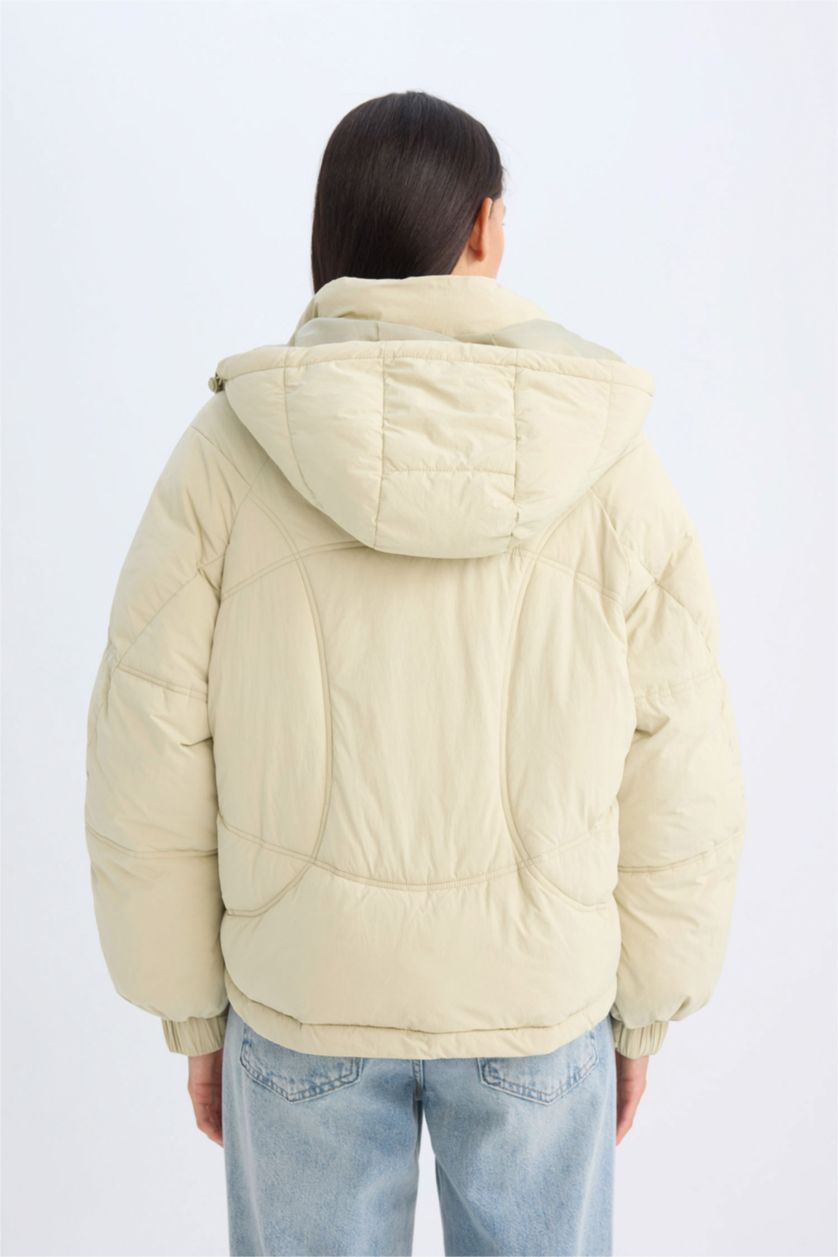 Kadın Mint Su Geçirmez Kapüşonlu Kapitoneli Cepli Fermuarlı Mont