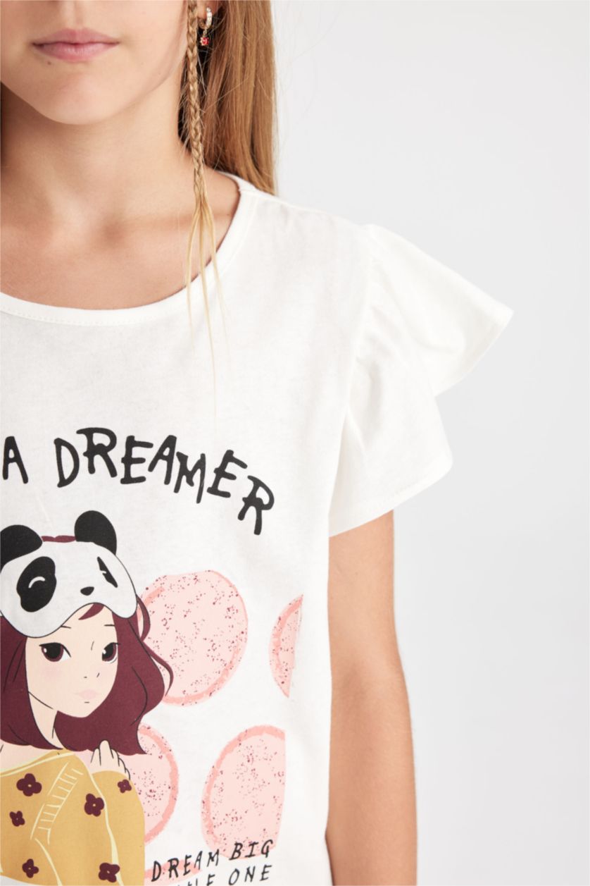 Kız Çocuk - Genç Kız Ekru Kız Çocuk Pijama Takımı Bisiklet Yaka Baskılı Kısa Kollu Üst Şort