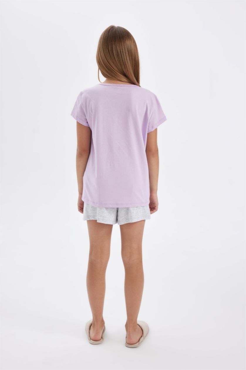 Kız Çocuk - Genç Kız Lila Kız Çocuk Pijama Takımı Baskılı Kısa Kollu Üst Şort