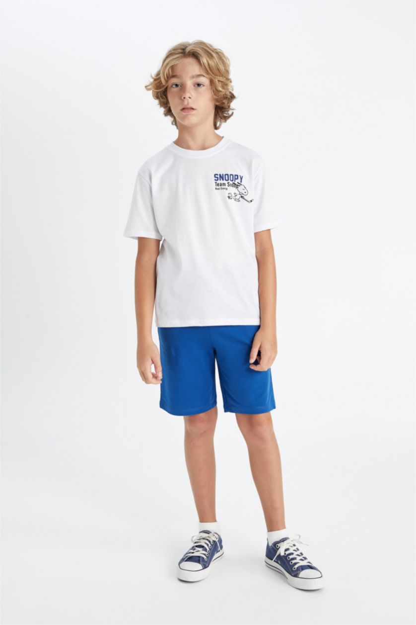 Erkek Çocuk - Genç Erkek Beyaz Snoopy Bisiklet Yaka Kısa Kollu Tişört Erkek Çocuk