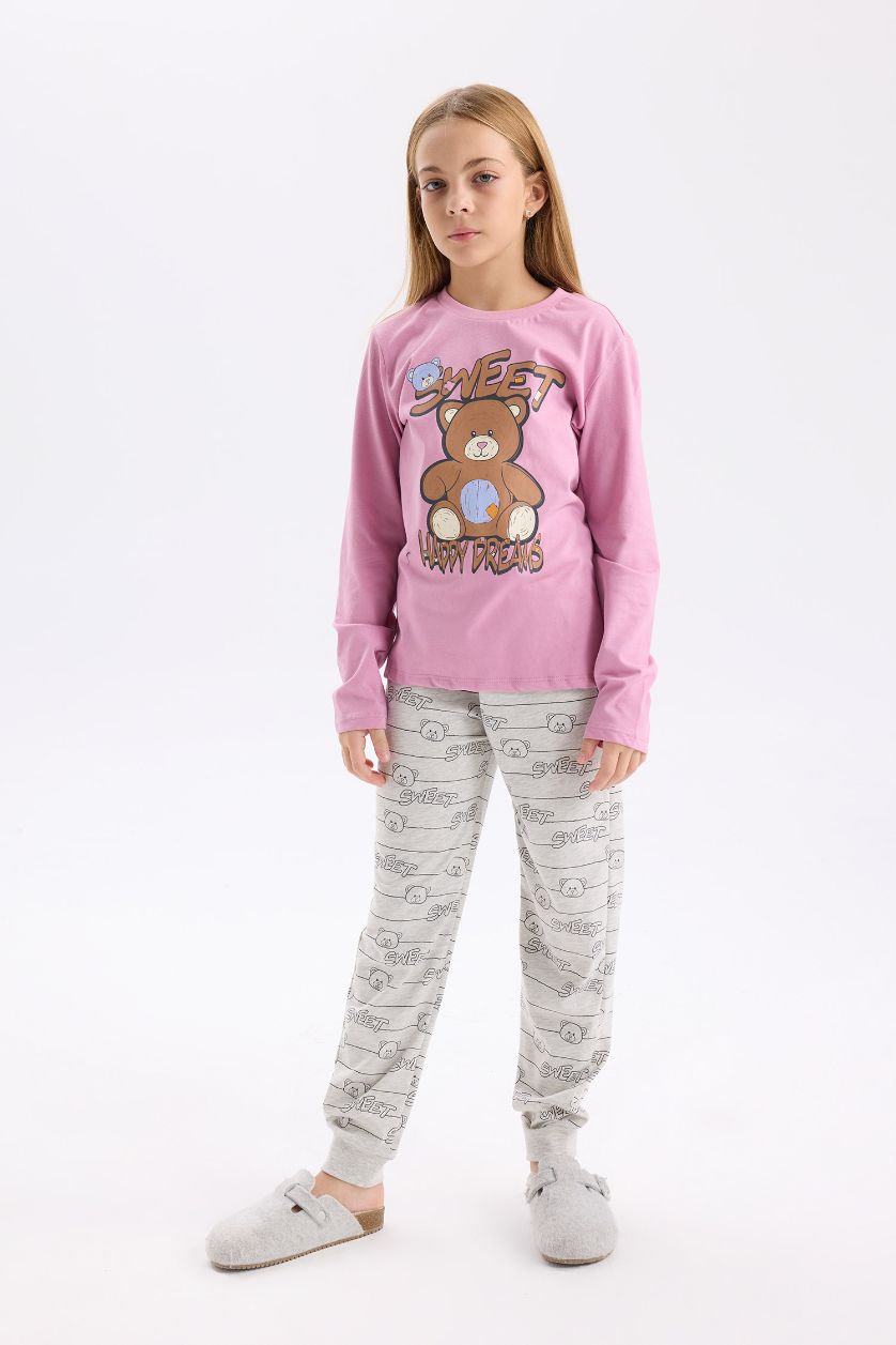 Kız Çocuk - Genç Kız Gülkurusu Pijama Takım Ayıcık Baskılı Uzun Kollu Üst Beli Lastikli Desenli Uzun Alt Kız Çocuk