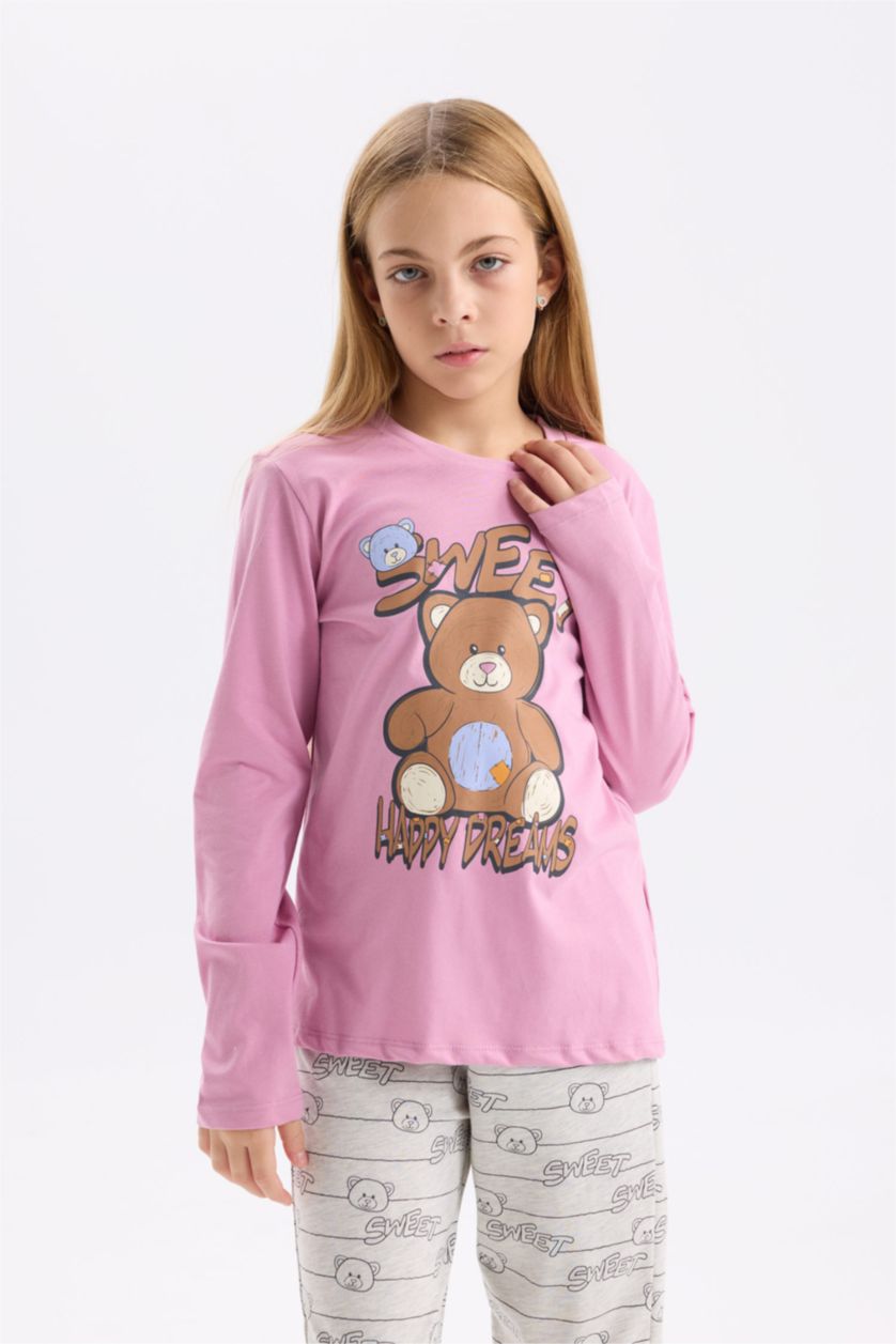 Kız Çocuk - Genç Kız Gülkurusu Pijama Takım Ayıcık Baskılı Uzun Kollu Üst Beli Lastikli Desenli Uzun Alt Kız Çocuk