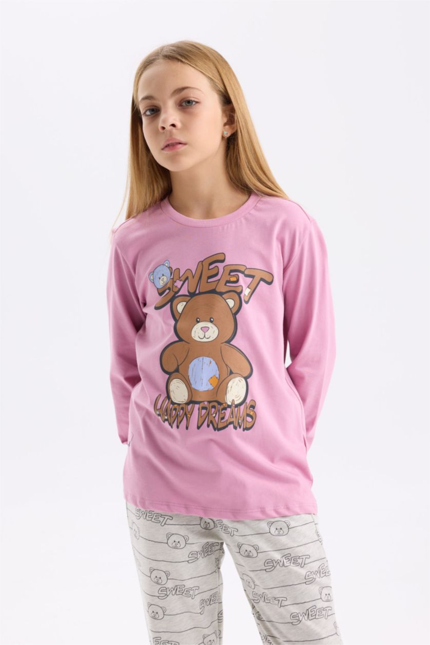 Kız Çocuk - Genç Kız Gülkurusu Pijama Takım Ayıcık Baskılı Uzun Kollu Üst Beli Lastikli Desenli Uzun Alt Kız Çocuk