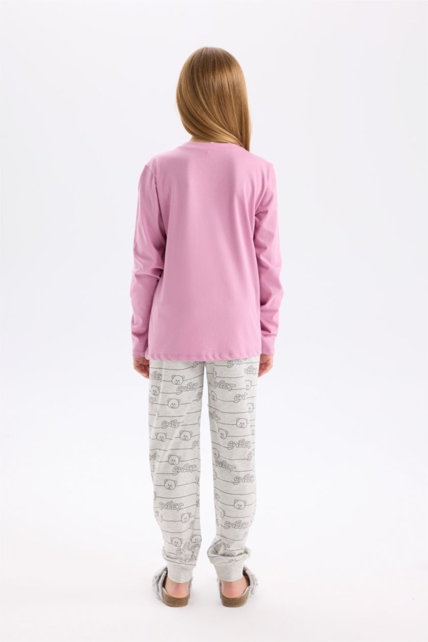 Kız Çocuk - Genç Kız Gülkurusu Pijama Takım Ayıcık Baskılı Uzun Kollu Üst Beli Lastikli Desenli Uzun Alt Kız Çocuk