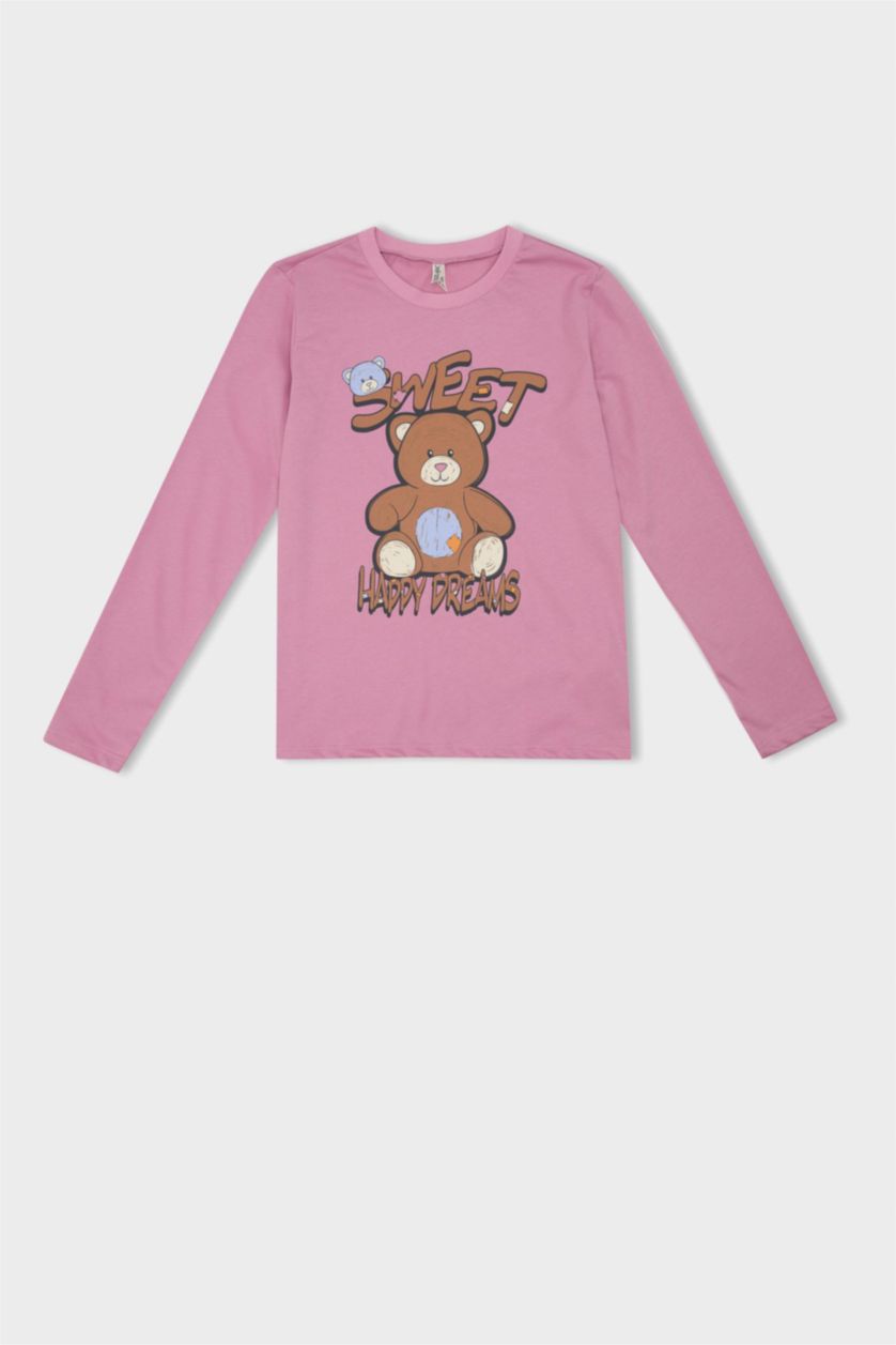 Kız Çocuk - Genç Kız Gülkurusu Pijama Takım Ayıcık Baskılı Uzun Kollu Üst Beli Lastikli Desenli Uzun Alt Kız Çocuk