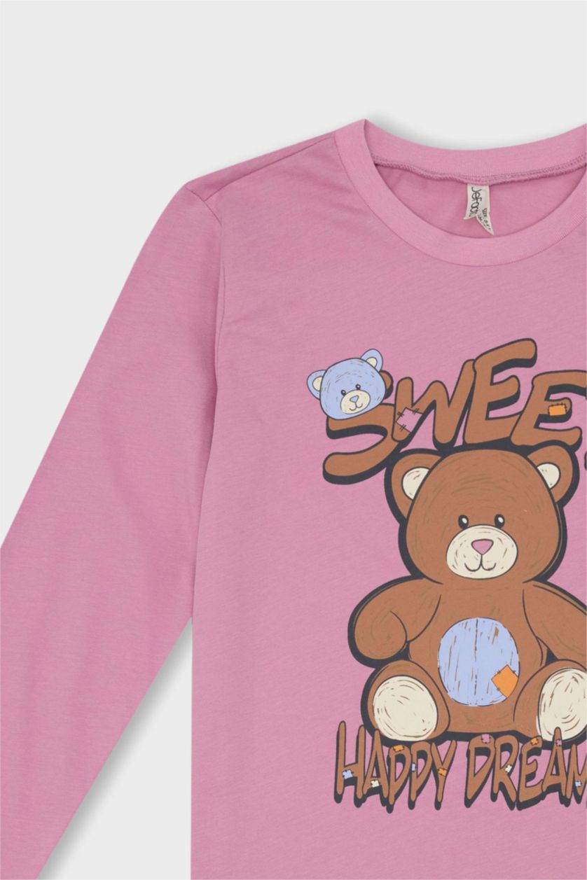 Kız Çocuk - Genç Kız Gülkurusu Pijama Takım Ayıcık Baskılı Uzun Kollu Üst Beli Lastikli Desenli Uzun Alt Kız Çocuk