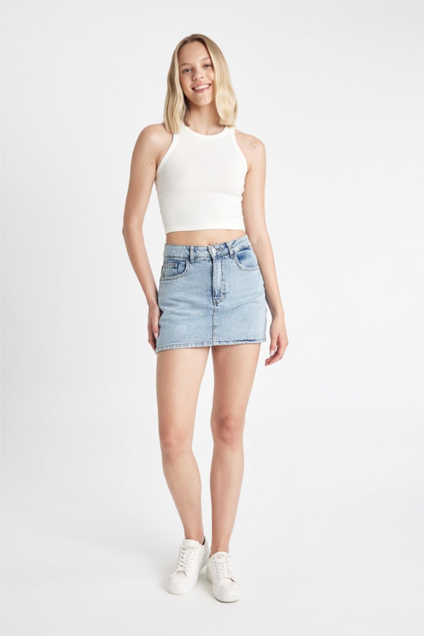 WOMAN Light Blue Normal Waist Denim Shorts