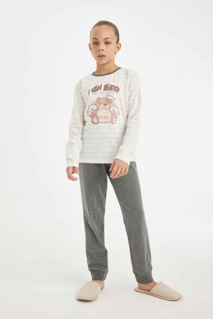 بنات ميلانج رمادي طقم بيجاما بناتي قصة عادية بطبعة دب - قطعتين