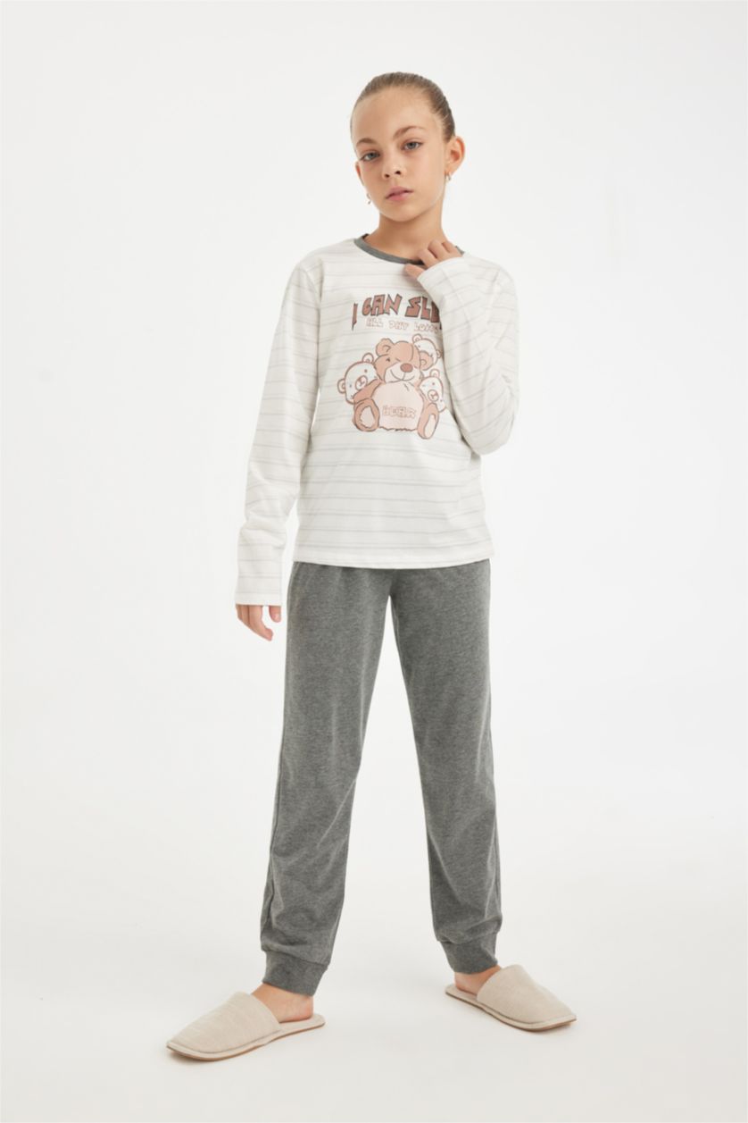 بنات ميلانج رمادي طقم بيجاما بناتي قصة عادية بطبعة دب - قطعتين