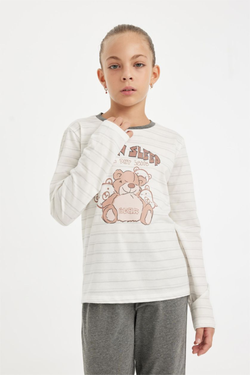 بنات ميلانج رمادي طقم بيجاما بناتي قصة عادية بطبعة دب - قطعتين