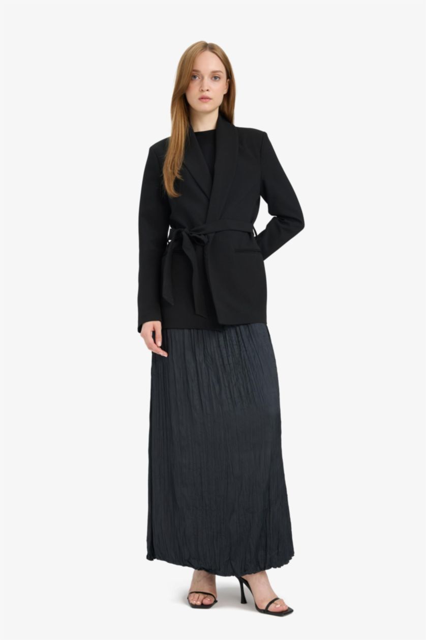 Kadın Siyah A Kesim Basic Düz Saten Maxi Etek