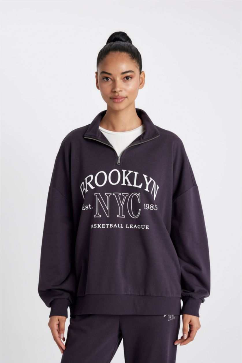 Kadın Koyu Mor DeFactoFit Oversize Geniş Kalıp Yarım Fermuarlı Baskılı Sporcu Sweatshirt
