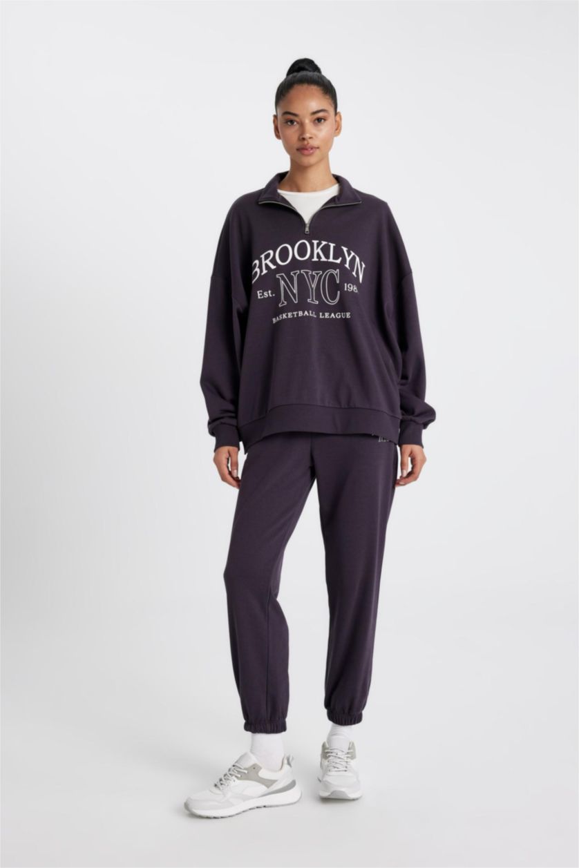 Kadın Koyu Mor DeFactoFit Oversize Geniş Kalıp Yarım Fermuarlı Baskılı Sporcu Sweatshirt