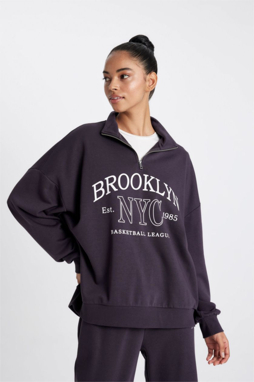 Kadın Koyu Mor DeFactoFit Oversize Geniş Kalıp Yarım Fermuarlı Baskılı Sporcu Sweatshirt