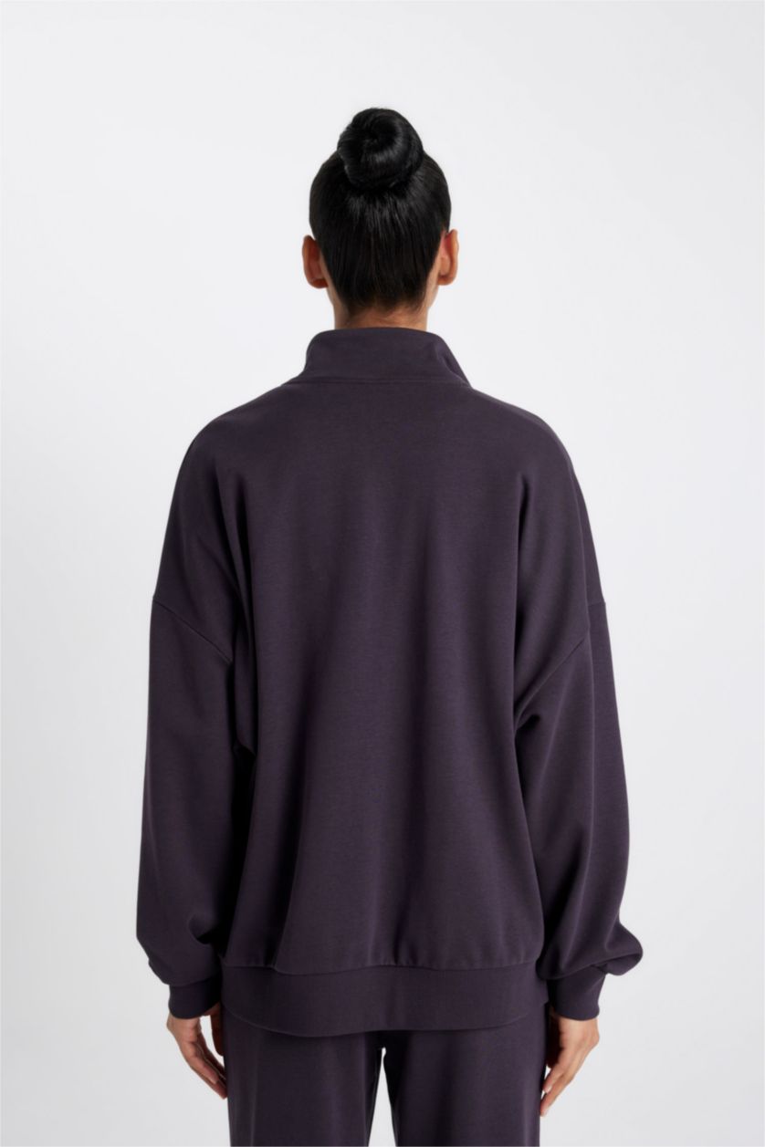 Kadın Koyu Mor DeFactoFit Oversize Geniş Kalıp Yarım Fermuarlı Baskılı Sporcu Sweatshirt