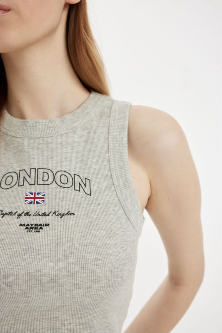 Kadın Gri Melanj Fıtted Baskılı Bisiklet Yaka Fitilli Kaşkorse Atlet