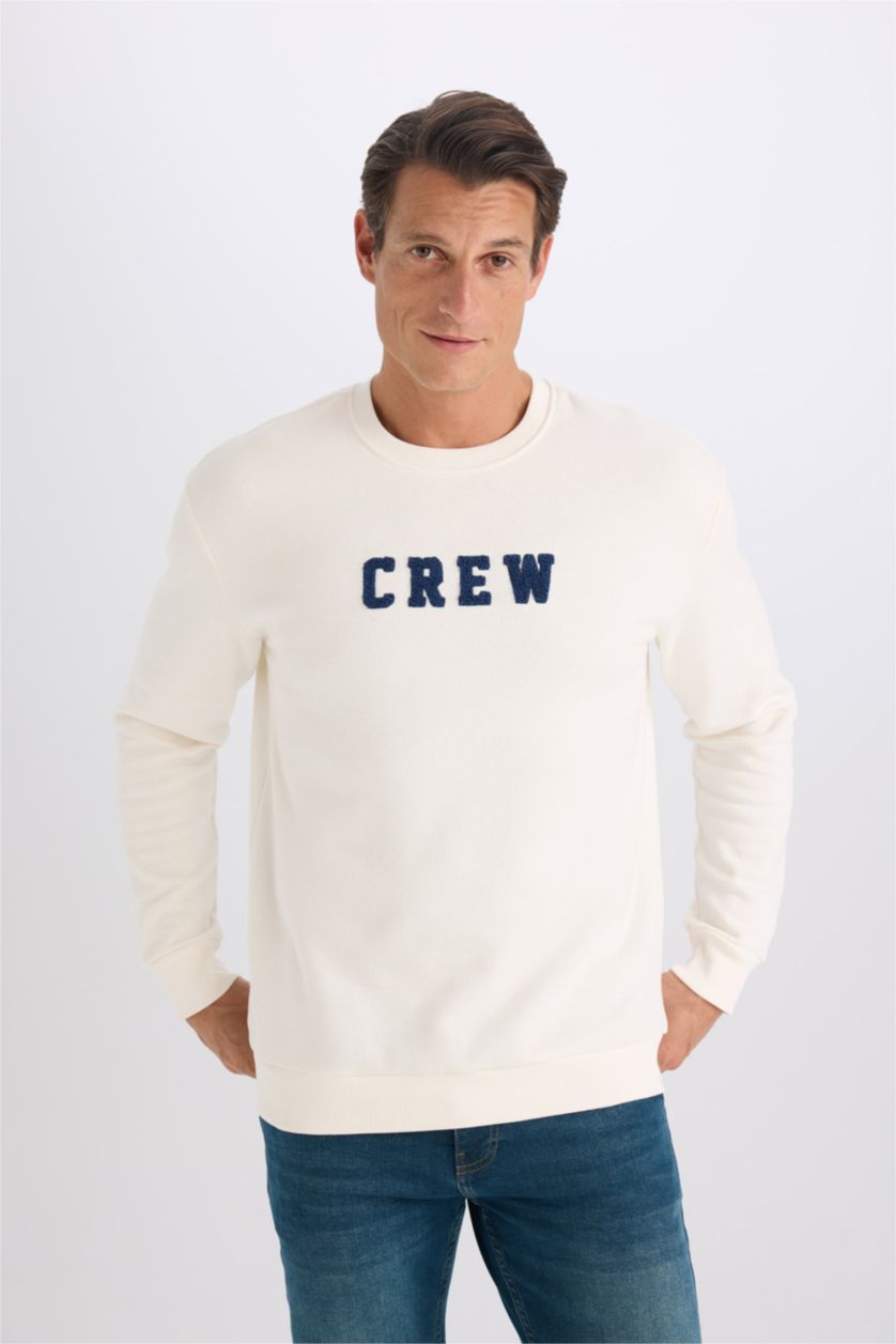 Erkek Ekru Relax Fit Bisiklet Yaka Nakışlı Kalın Sweatshirt