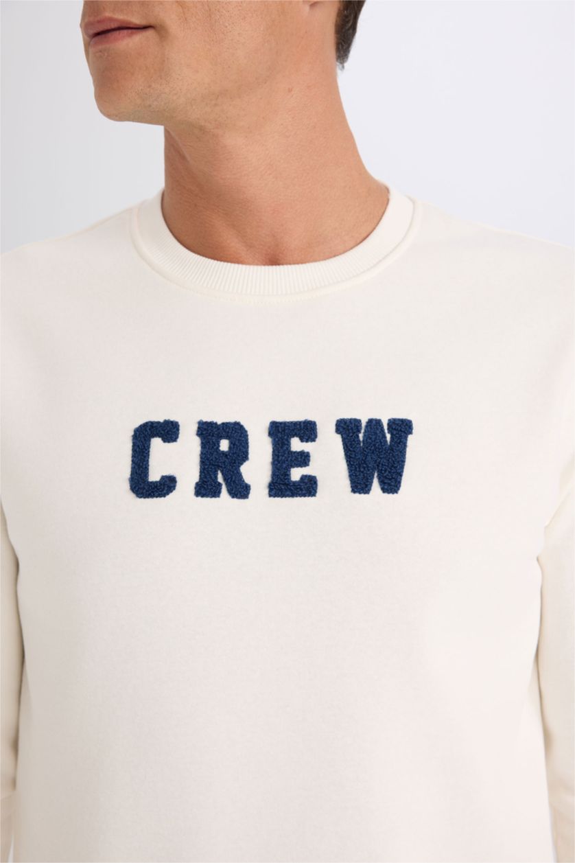 Erkek Ekru Relax Fit Bisiklet Yaka Nakışlı Kalın Sweatshirt