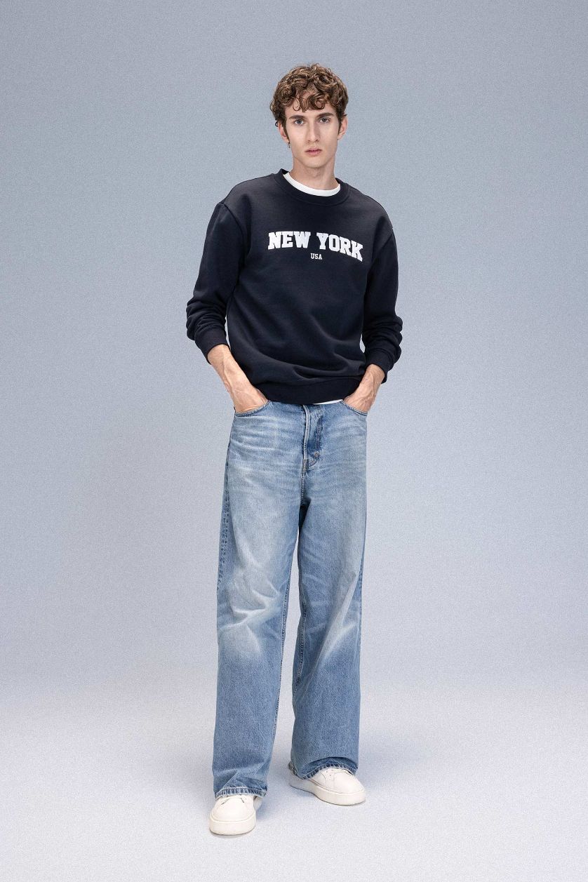 Erkek Lacivert Relax Fit Bisiklet Yaka Baskılı Kalın Sweatshirt