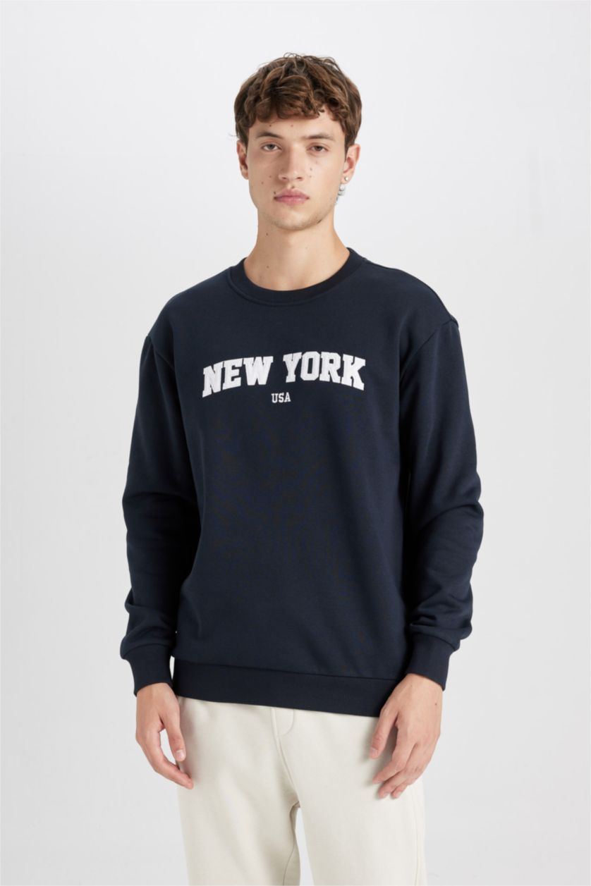 Erkek Lacivert Relax Fit Bisiklet Yaka Baskılı Kalın Sweatshirt