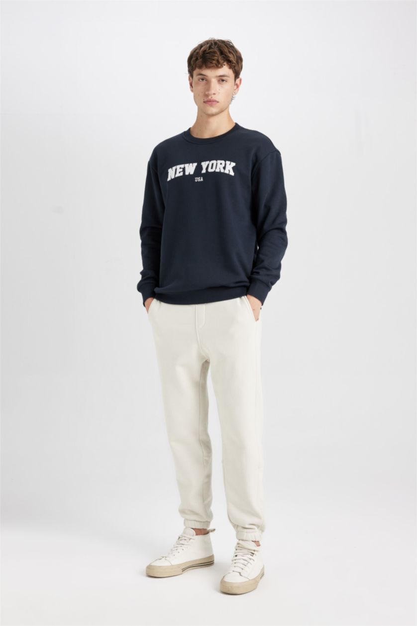 Erkek Lacivert Relax Fit Bisiklet Yaka Baskılı Kalın Sweatshirt