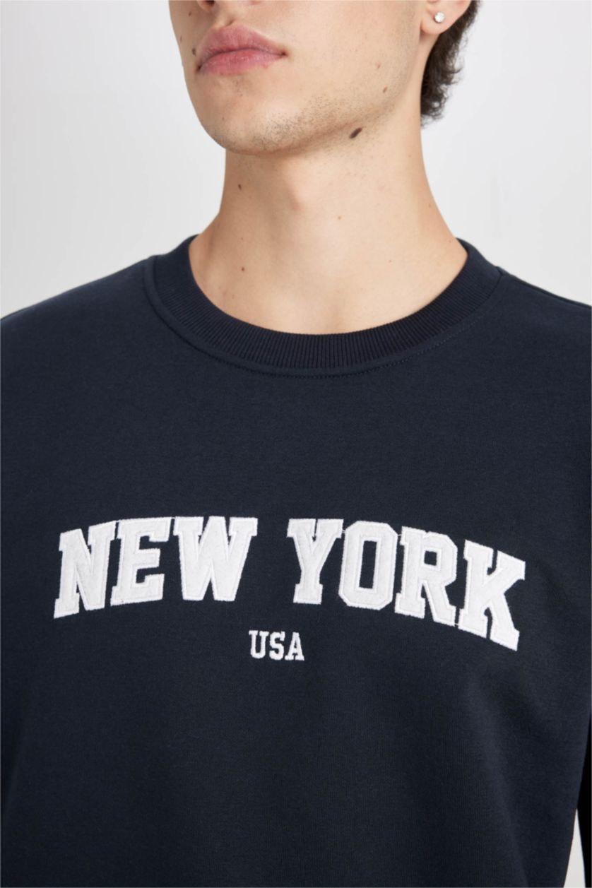 Erkek Lacivert Relax Fit Bisiklet Yaka Baskılı Kalın Sweatshirt