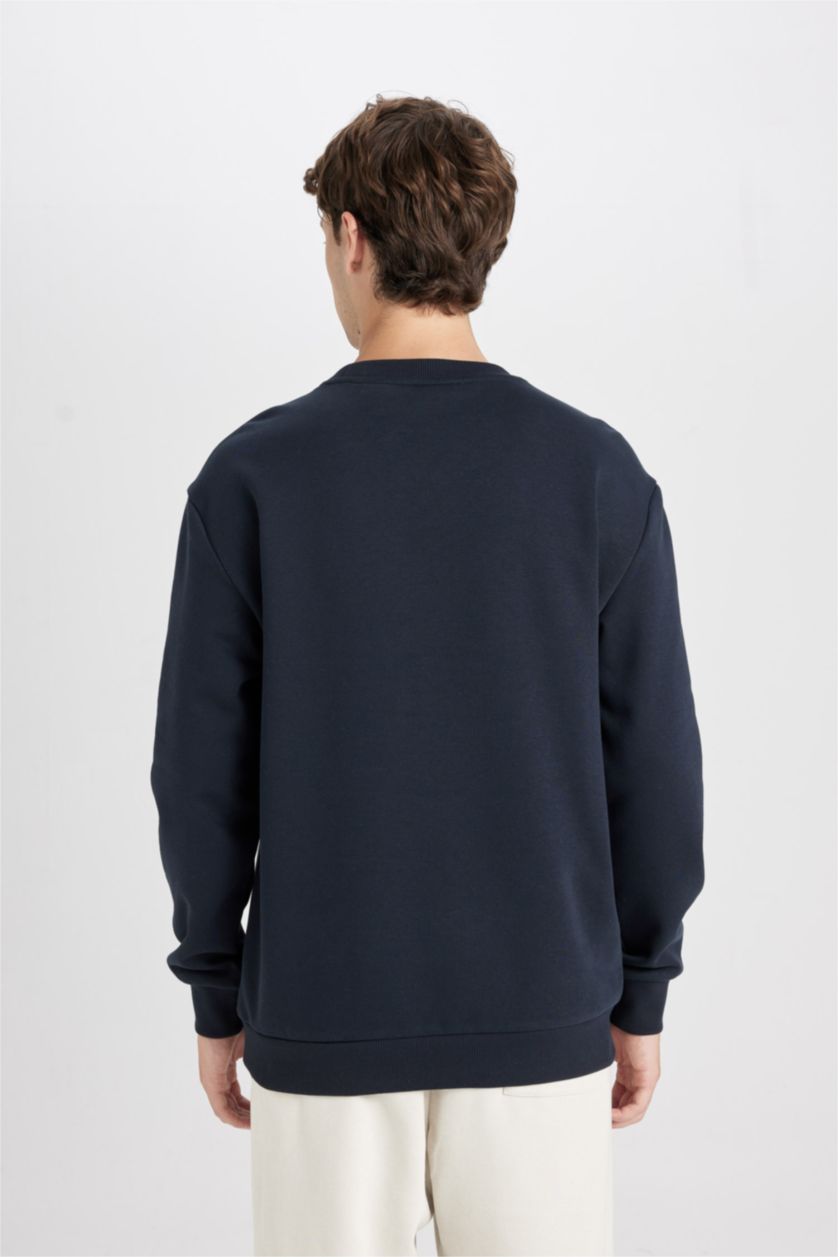 Erkek Lacivert Relax Fit Bisiklet Yaka Baskılı Kalın Sweatshirt