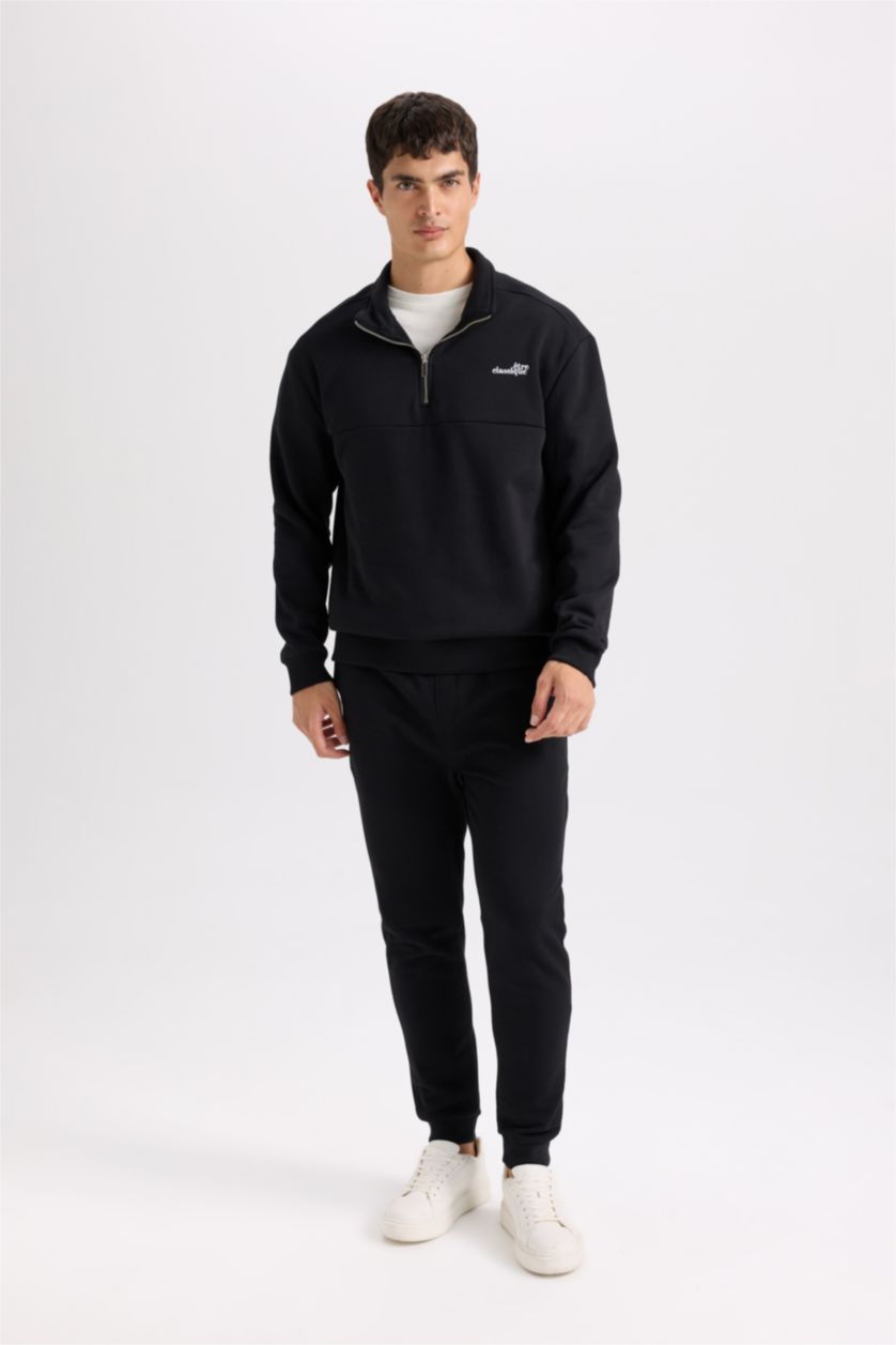 Erkek Siyah Relax Fıt Kalın Sweatshirt Kumaşı Sweatshirt