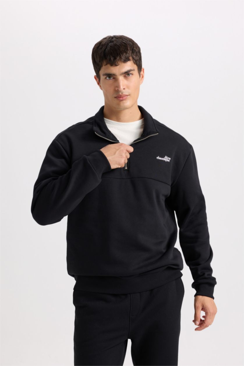 Erkek Siyah Relax Fıt Kalın Sweatshirt Kumaşı Sweatshirt