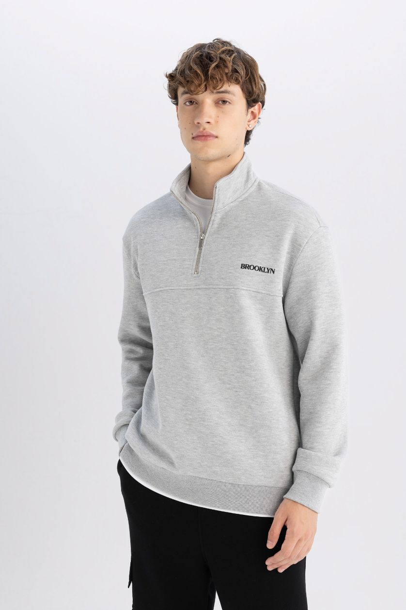 HOMME Gris Sweat-shirt à coupe Relax Col montant à Manches Longues zippé