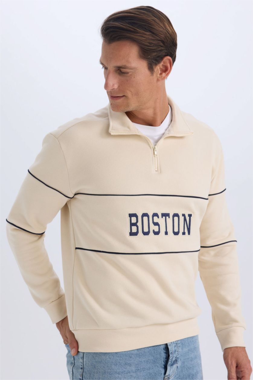 Erkek Açık Taş Relax Fit Dik Yaka Fermuarlı Baskılı Kalın Sweatshirt