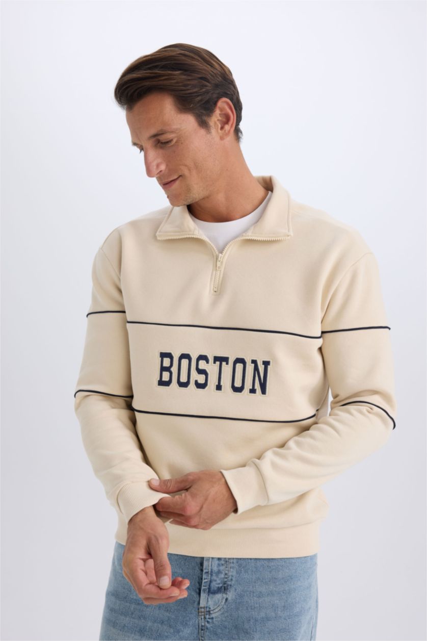 Erkek Açık Taş Relax Fit Dik Yaka Fermuarlı Baskılı Kalın Sweatshirt